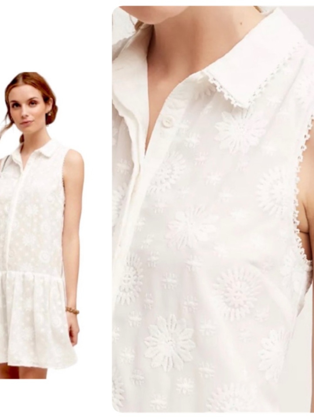NWOT Anthropologie White Sleeveless Embroidered Shirt Dress